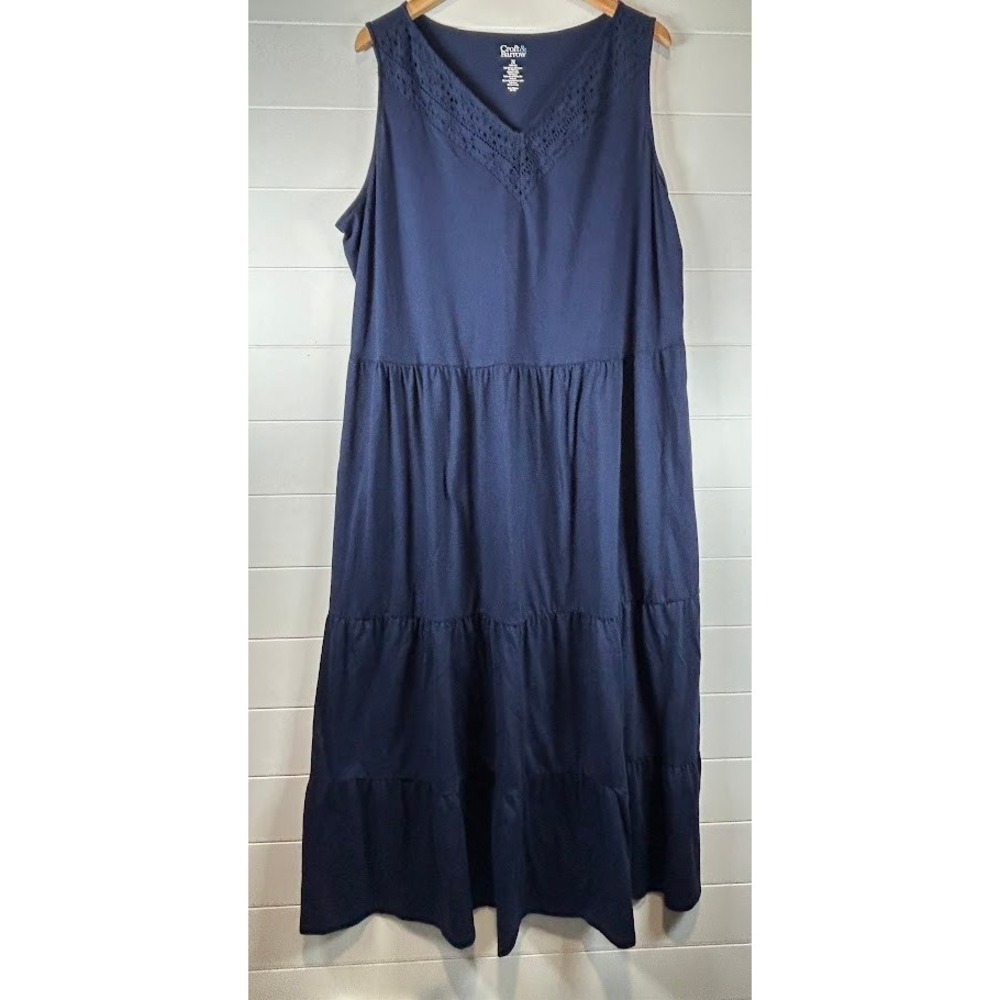 Croft & Barrow Womens 2X Navy Blue Eyelet V-Neck Tiered Knit Maxi Dress NEW